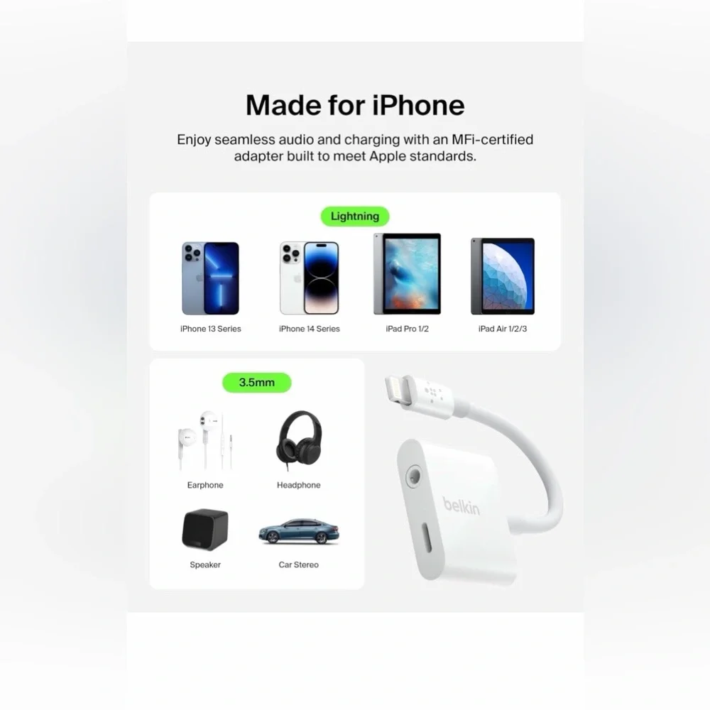 Belkin RockStar Lightning to 3.5mm Audio Cable + Audio Charger Splitter -White